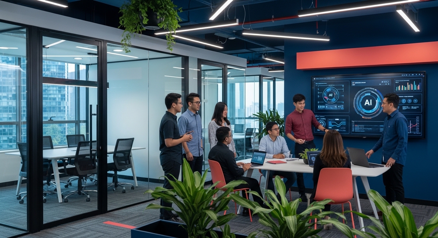 Hashmeta Malaysia diverse team collaborating in modern KL office with AI data visualizations on screens