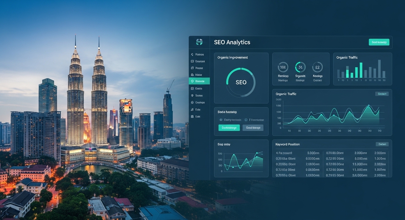 SEO Malaysia dashboard showing KL skyline with ranking analytics