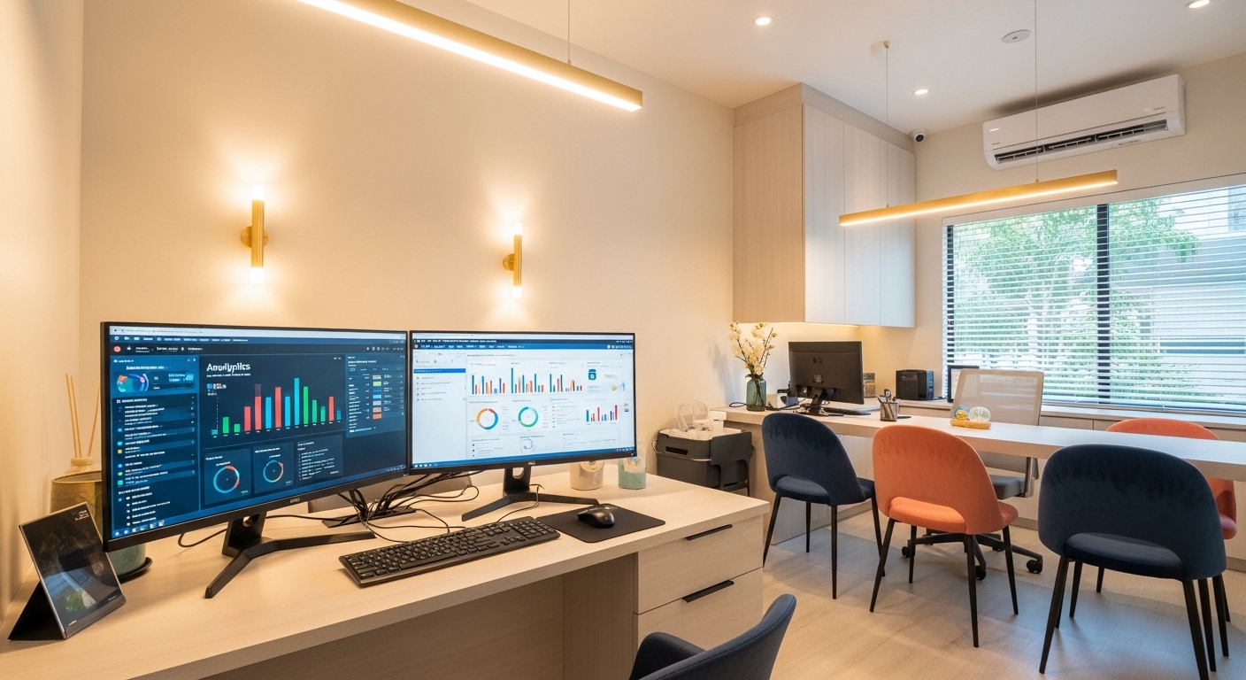 Modern healthcare clinic with digital marketing analytics