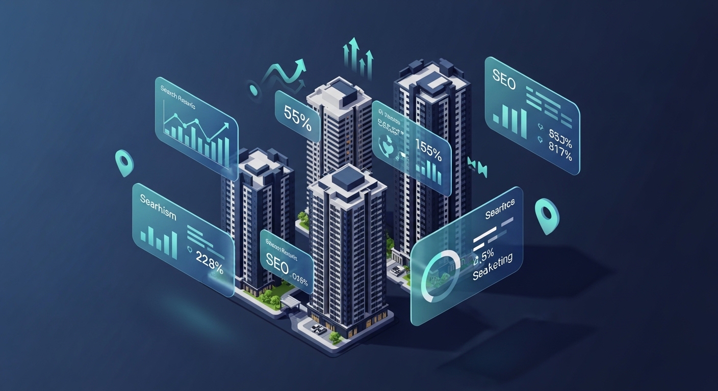 Property SEO Malaysia - High-rise residential towers with search analytics overlays