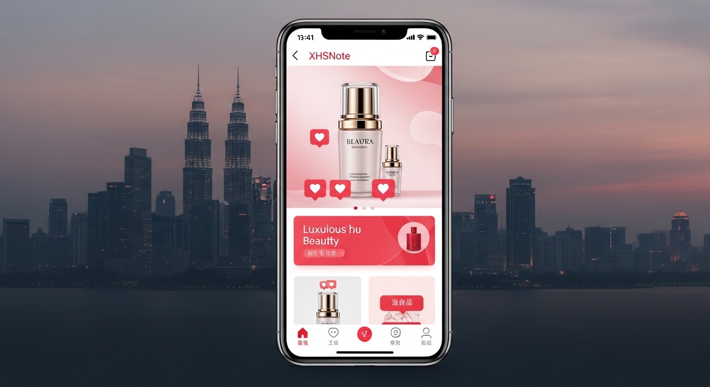 Xiaohongshu feed ad showing beauty product placement with Malaysian context