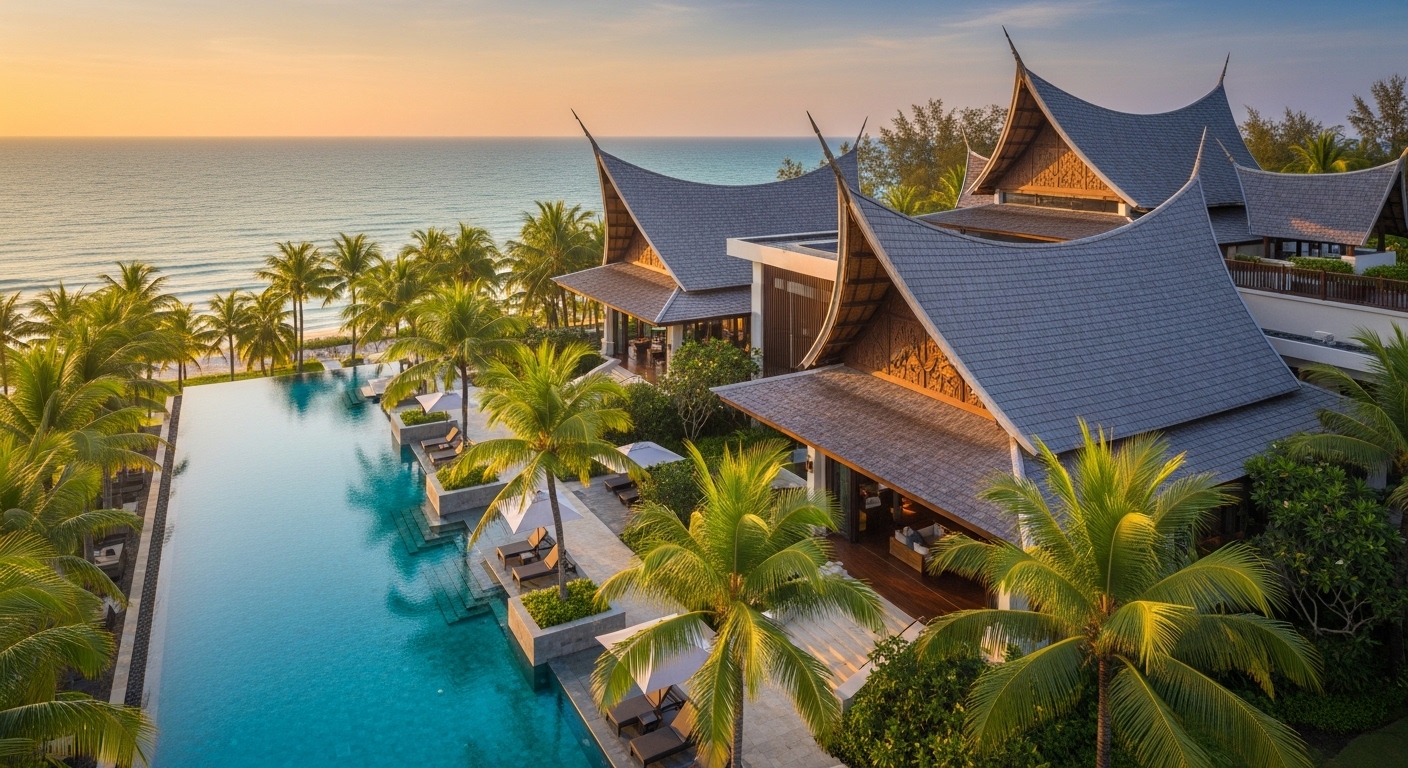 Luxury Malaysian resort aerial view at sunset