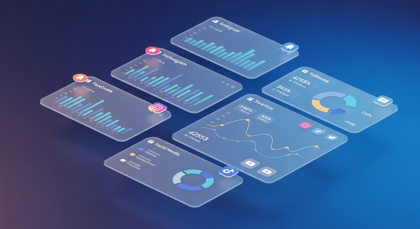Social media analytics dashboard with floating UI cards showing engagement metrics