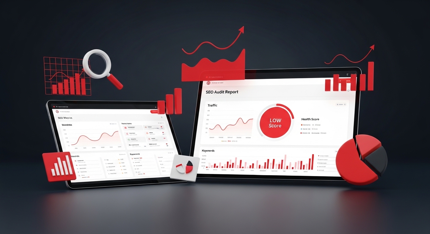 SEO and AI Visibility Audit Report Preview showing detailed analytics dashboard with health score metrics