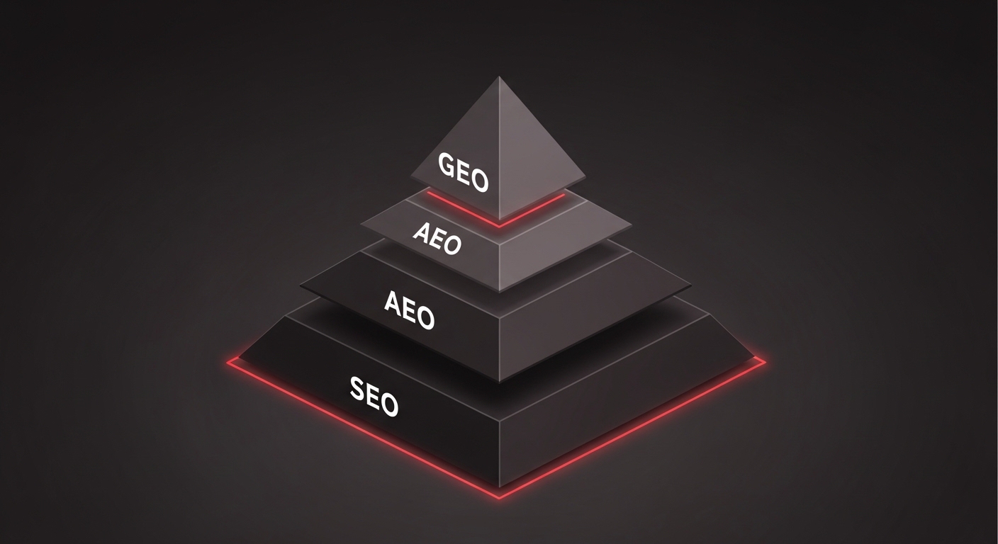 Pyramid diagram showing three layers of search: SEO at the foundation, AEO in the middle, and GEO at the top