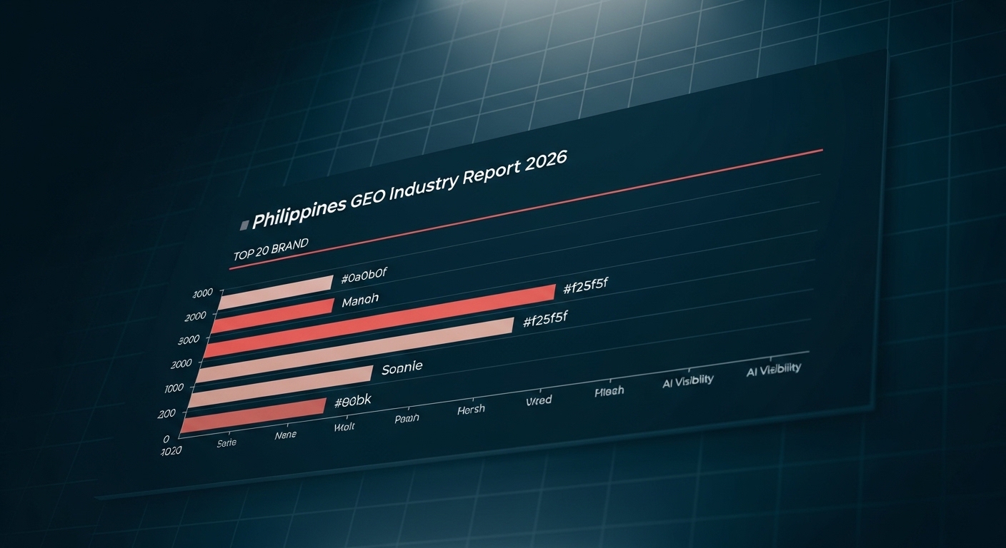 Top 20 Philippines GEO Industry Report Leaderboard 2026 showing brand rankings across AI visibility metrics