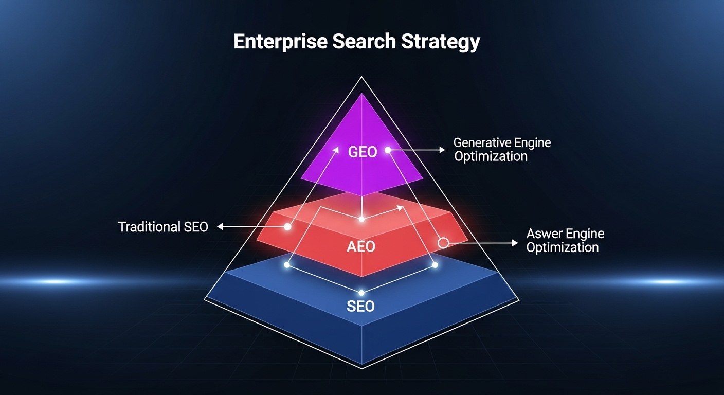 Three-Layer Search Strategy framework showing SEO foundation, AEO bridge, and GEO pinnacle with organizational alignment