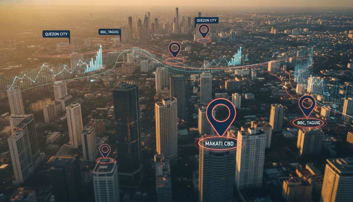 Metro Manila Local SEO Ranking Factors Map - aerial city view with location pins and SEO data overlays