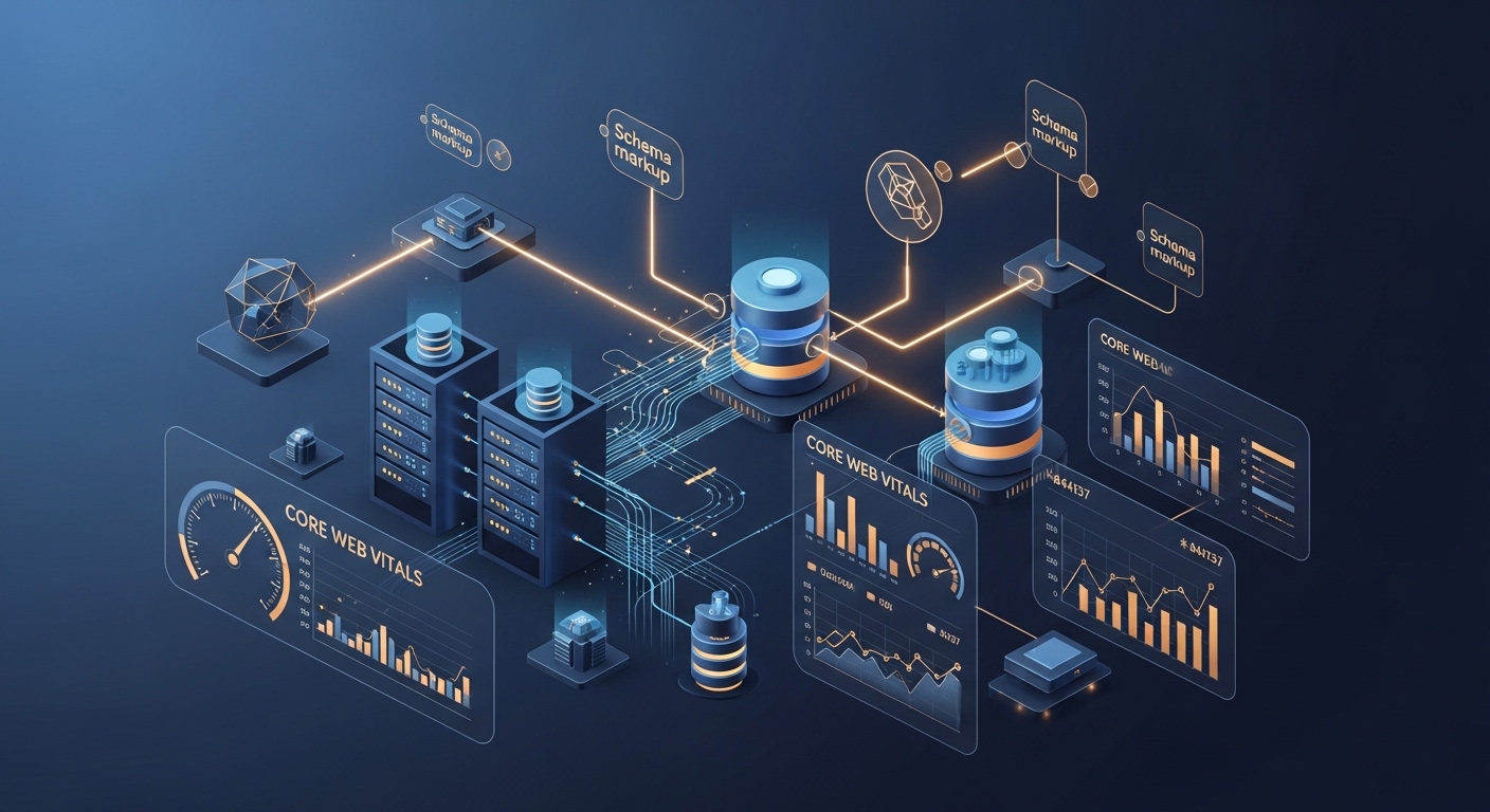 Minh họa hạ tầng kỹ thuật website với server, database và Schema markup 3D