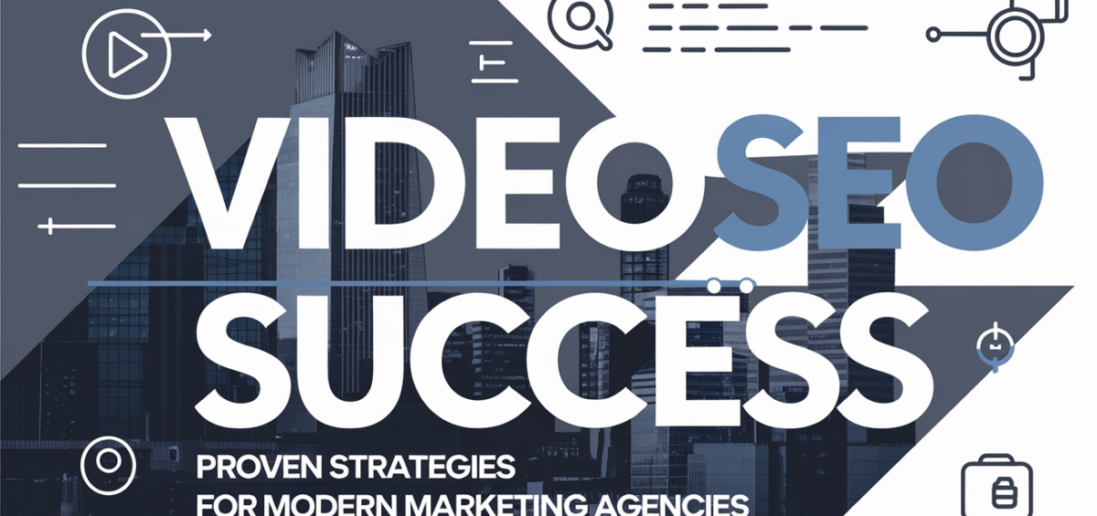 Banner with 'Video SEO Success' title, featuring digital marketing icons and vibrant colors