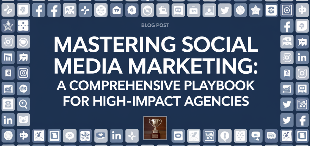 Blog banner titled 'Mastering Social Media Marketing' with vibrant digital icons