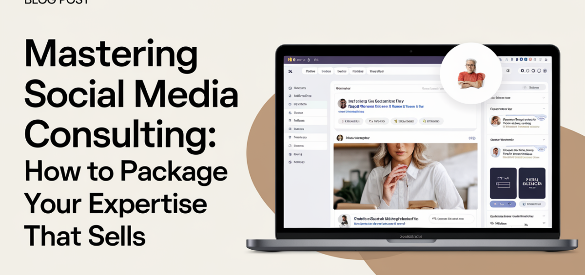 Blog banner with 'Mastering Social Media Consulting' title, sleek design, vibrant colors