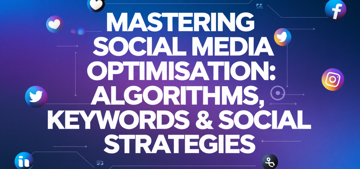 Blog banner with 'Mastering Social Media Optimisation' title, vibrant digital theme