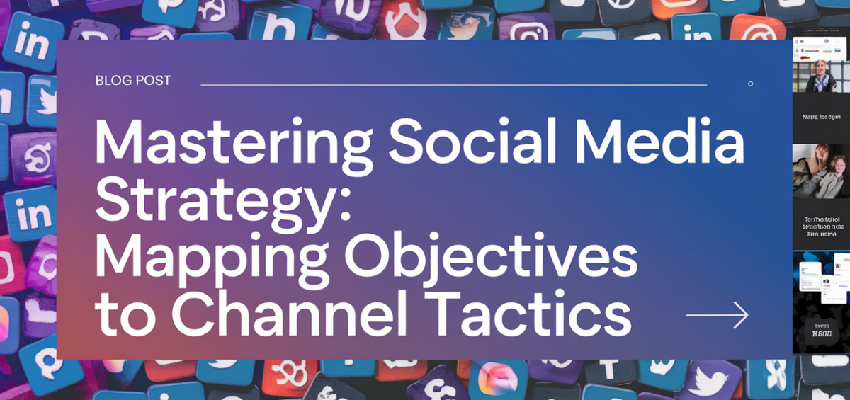 Blog banner with title 'Mastering Social Media Strategy' over digital network icons