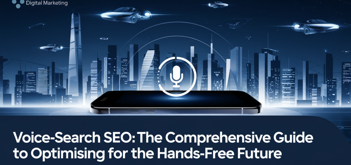 Blog banner with 'Voice-Search SEO: The Comprehensive Guide to Optimising for the Hands-Free Future' title.