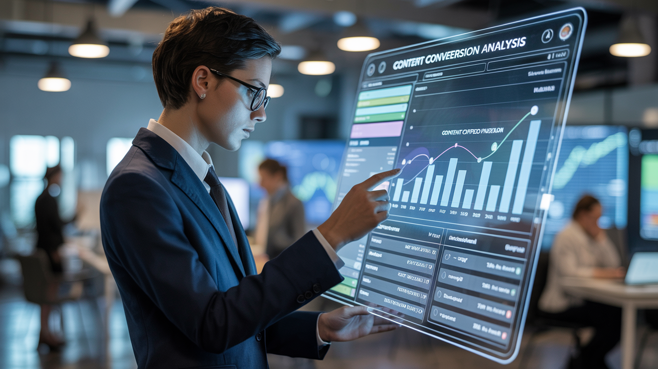 Business professional analyzing content conversion funnel on digital dashboard with graphs showing performance metrics across different content types