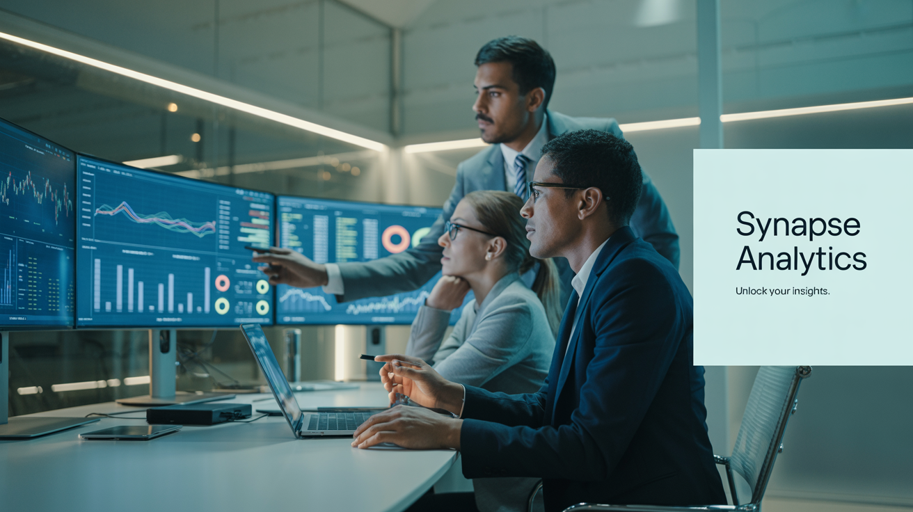 Business professionals in meeting analyzing social media data on screens making strategic decisions