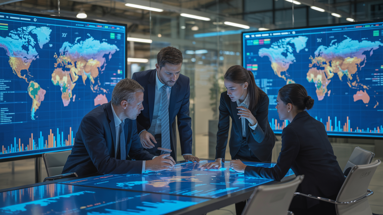 business professionals reviewing global market data on digital screens with world map visualization