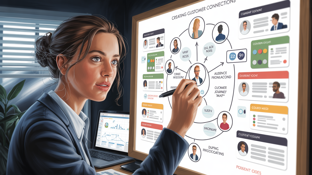 Content strategist creating audience persona map with customer journey touchpoints and corresponding content types