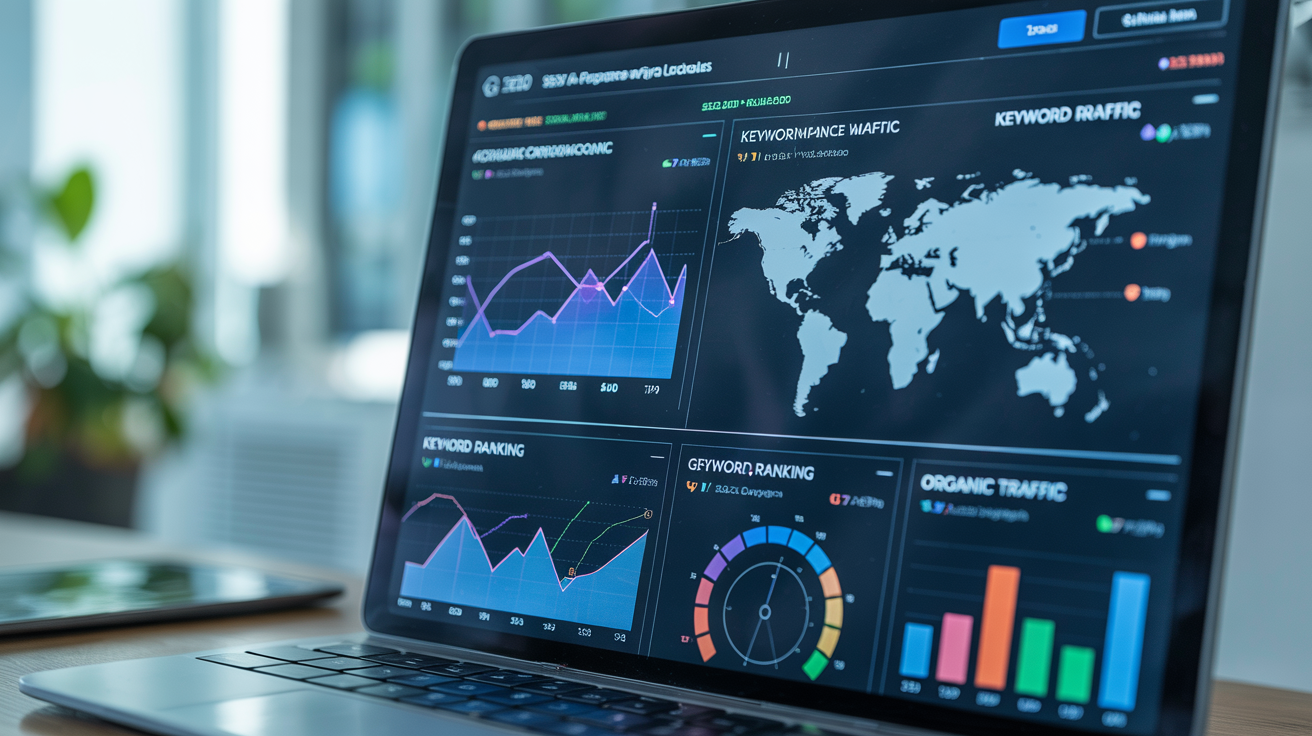 dashboard showing international SEO performance metrics across multiple countries with growth trends