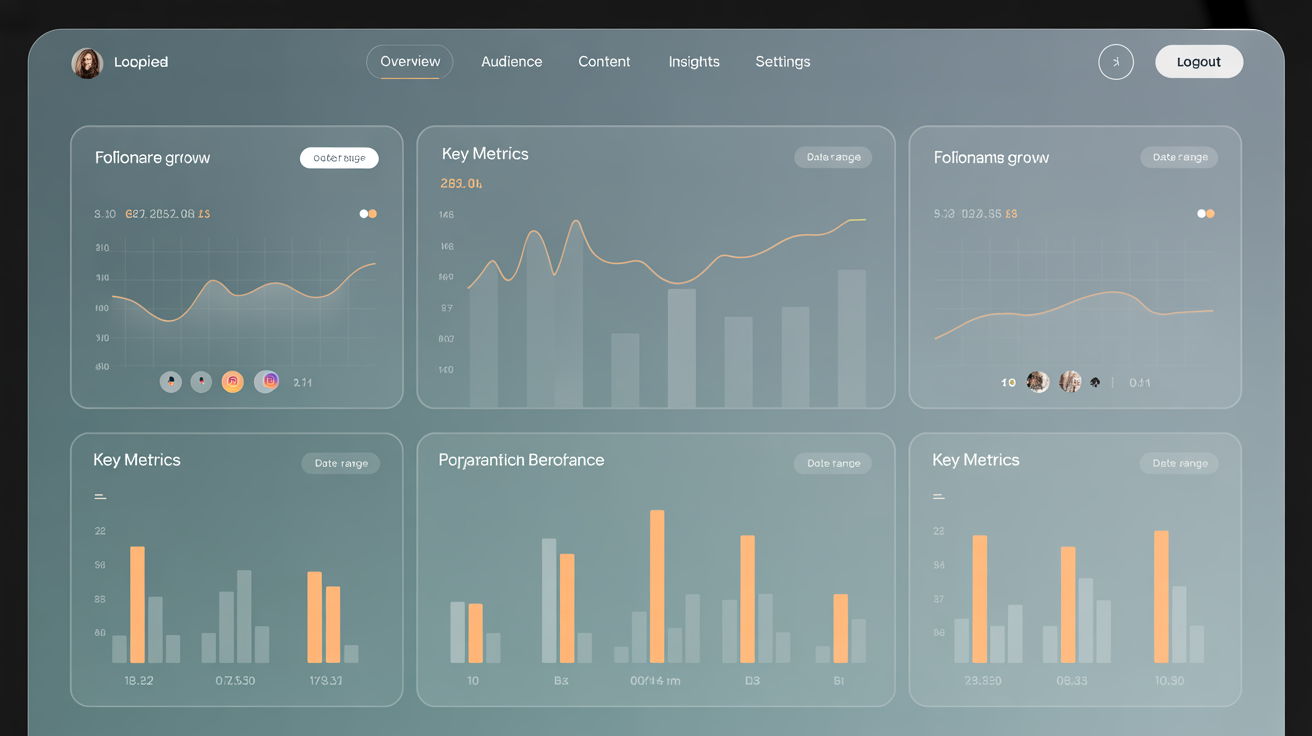 Data visualization showing dashboard with social analytics metrics with trend lines and comparative benchmarks