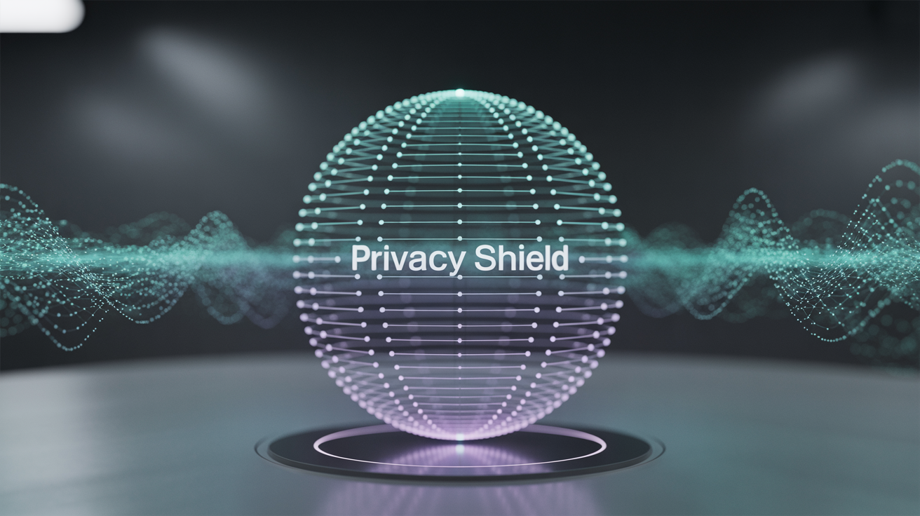 Futuristic AI technology concept showing advanced analytics visualization with privacy protection elements