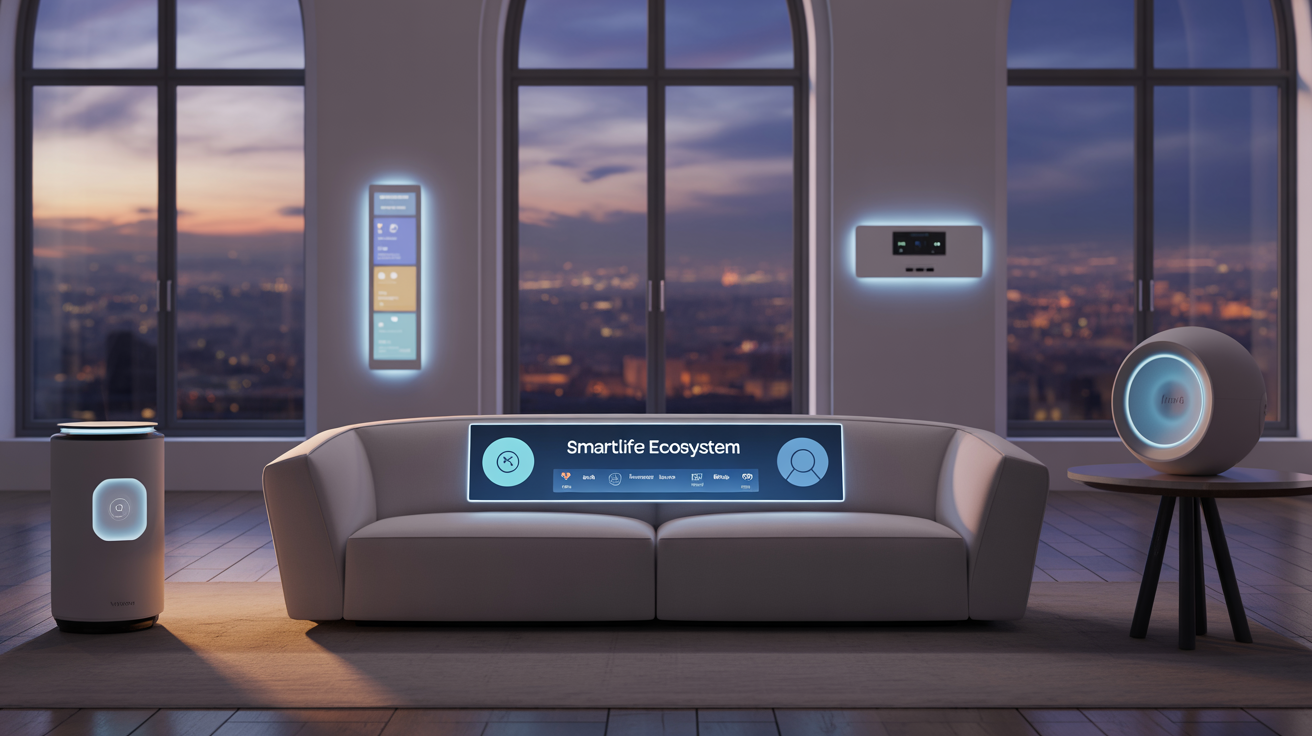 futuristic smart home setup with multiple voice-activated devices showing integrated ecosystem