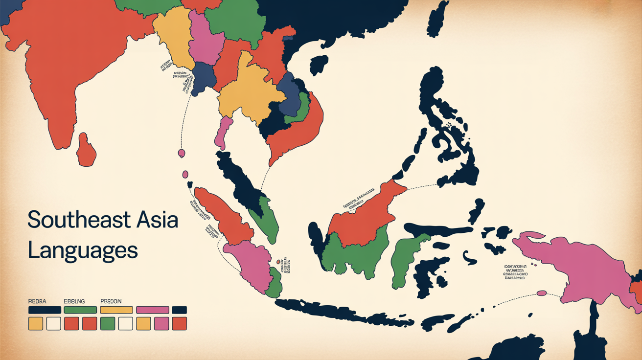 map of Southeast Asia highlighting countries with multiple languages and showing language distribution