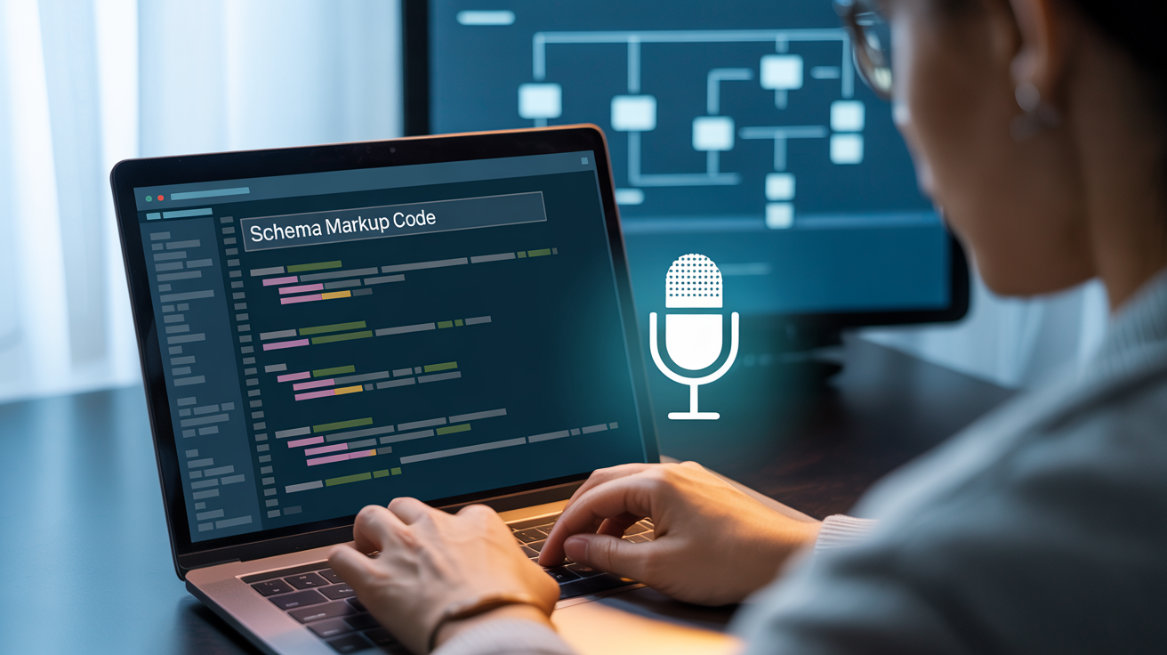 person implementing schema markup code with voice search optimization illustration showing structured data relationships