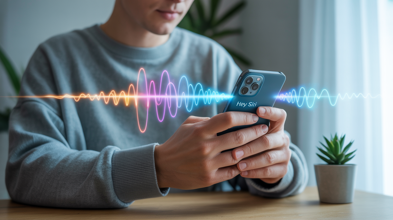 person using voice assistant on smartphone with visual sound waves emanating from device