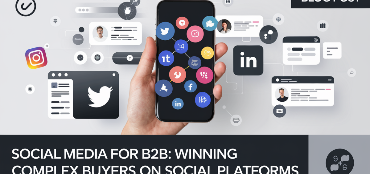 Banner featuring 'Social Media for B2B: Winning Complex Buyers' with social media icons.
