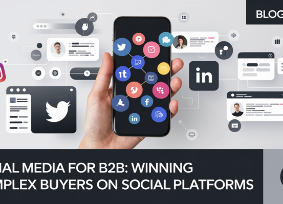 Banner featuring 'Social Media for B2B: Winning Complex Buyers' with social media icons.