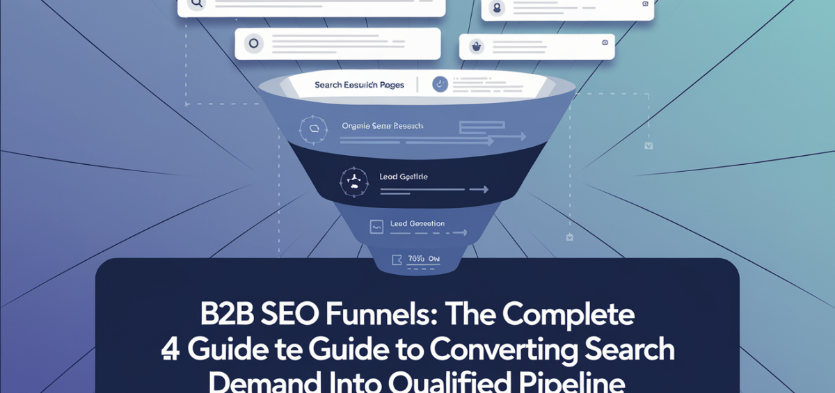 Banner reads 'B2B SEO Funnels: The Complete Guide' with digital marketing icons