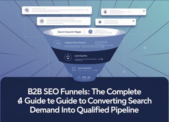 Banner reads 'B2B SEO Funnels: The Complete Guide' with digital marketing icons