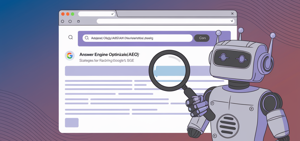 Banner with 'Answer Engine Optimization (AEO): Strategies for Ranking in Google's SGE' title.