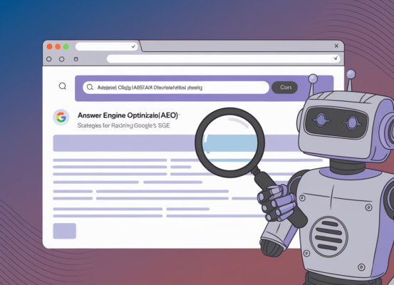 Banner with 'Answer Engine Optimization (AEO): Strategies for Ranking in Google's SGE' title.