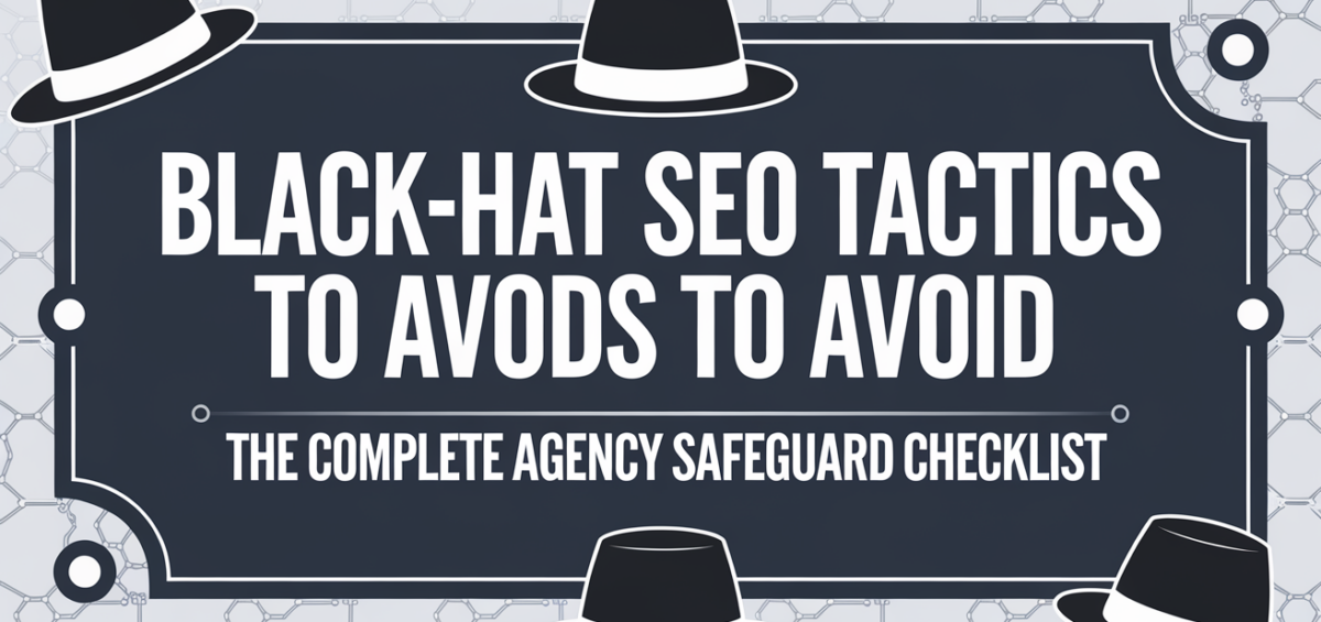 Banner with 'Black-Hat SEO Tactics to Avoid' title, dark theme, checklist graphics