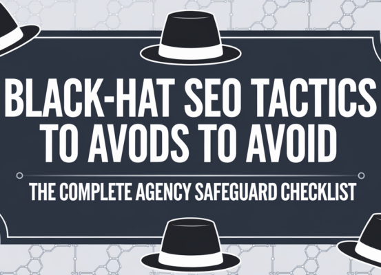 Banner with 'Black-Hat SEO Tactics to Avoid' title, dark theme, checklist graphics