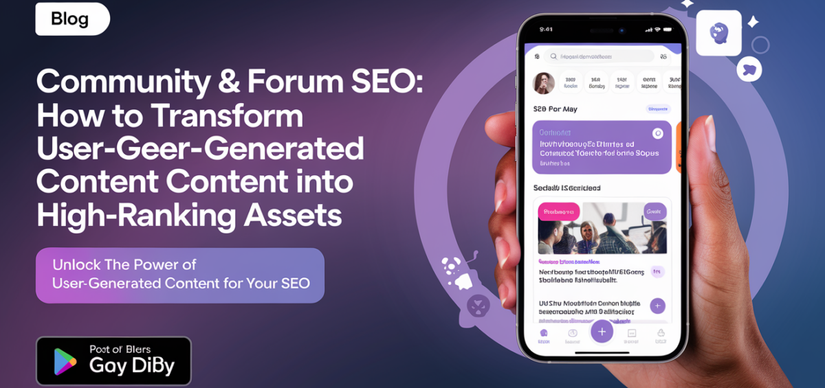 Banner with 'Community & Forum SEO' title and vibrant design elements
