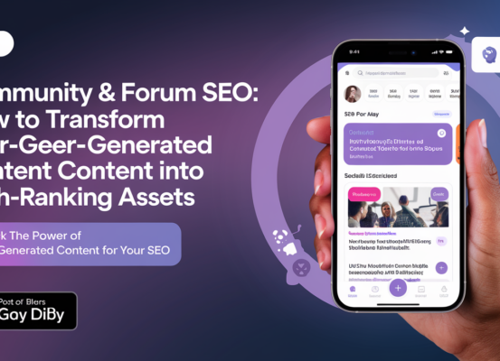 Banner with 'Community & Forum SEO' title and vibrant design elements