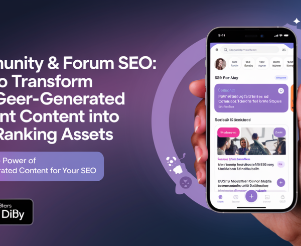 Banner with 'Community & Forum SEO' title and vibrant design elements
