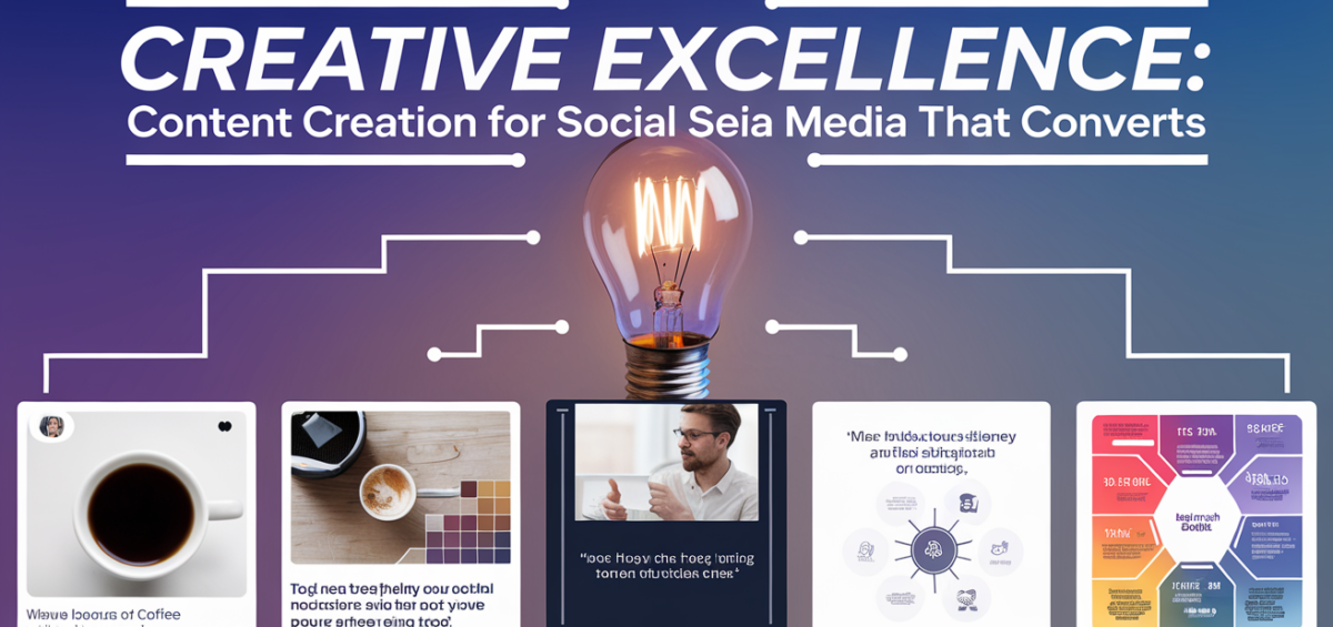 Banner with 'Creative Excellence: Content Creation for Social Media That Converts' title, vibrant colors.