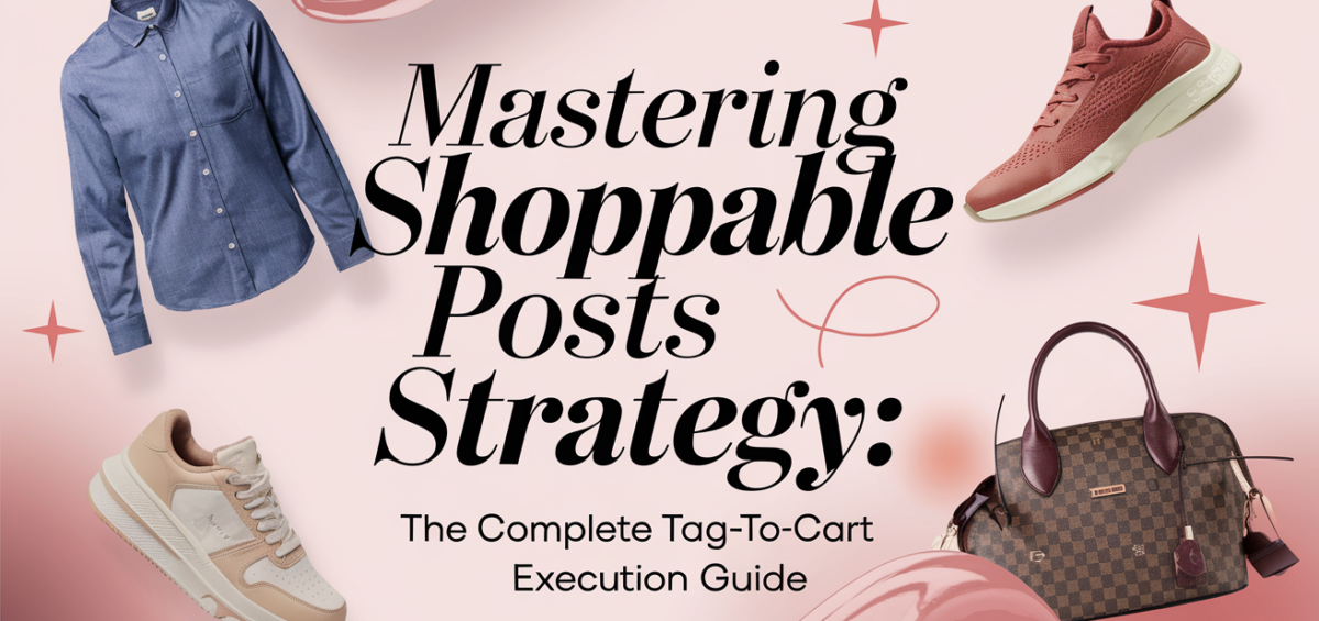 Banner with 'Mastering Shoppable Posts Strategy' title in bold on a vibrant background.