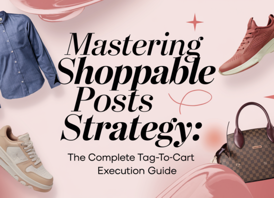 Banner with 'Mastering Shoppable Posts Strategy' title in bold on a vibrant background.