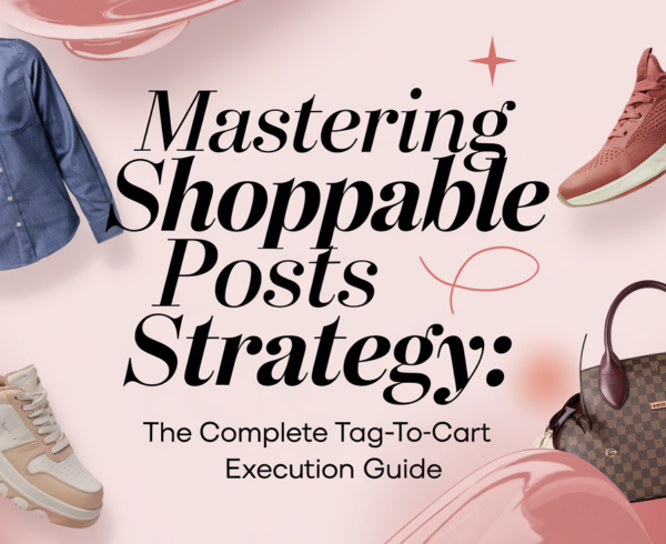 Banner with 'Mastering Shoppable Posts Strategy' title in bold on a vibrant background.