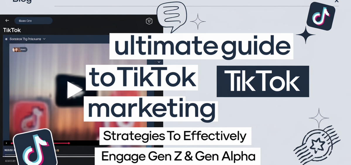 Banner with text 'The Ultimate Guide to TikTok Marketing' featuring dynamic digital elements.