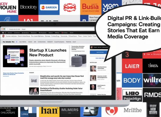 Banner with title 'Digital PR & Link-Building Campaigns: Creating Stories That Earn Media Coverage' on a digital-themed background.