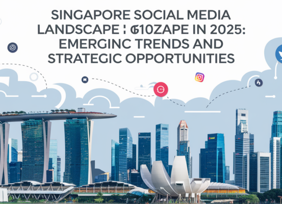 Blog banner: 'Singapore Social Media Landscape 2025' with futuristic city skyline