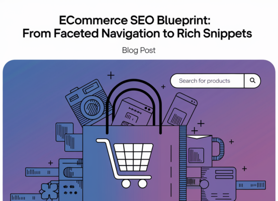 Blog banner titled 'eCommerce SEO Blueprint' with digital marketing icons