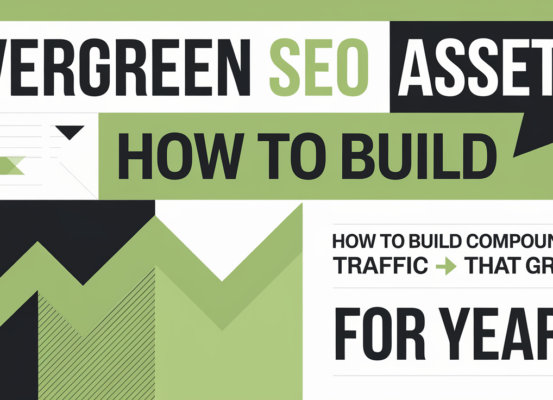 Blog banner titled 'Evergreen SEO Assets: How to Build Compounding Traffic That Grows For Years' with a green, growth-themed background.